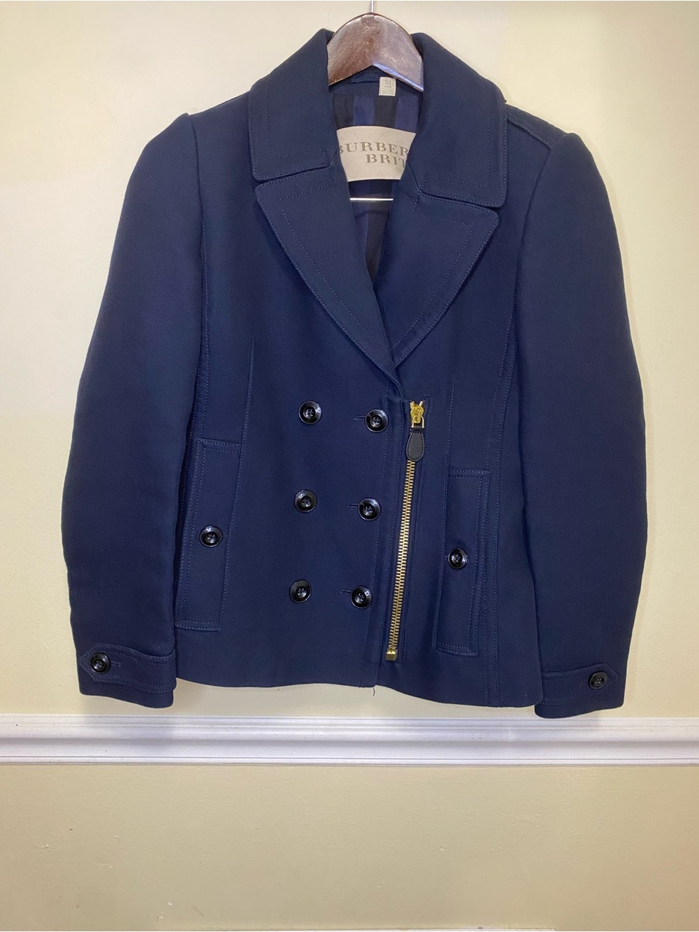 Burberry Navy Double-Breasted Peacoat with Gold Zip Accent
